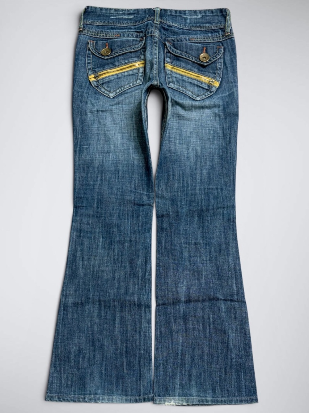 Vintage Back Number Japanese Brand Zipper Detail Flap Pocket Low Rise Flare Jean
